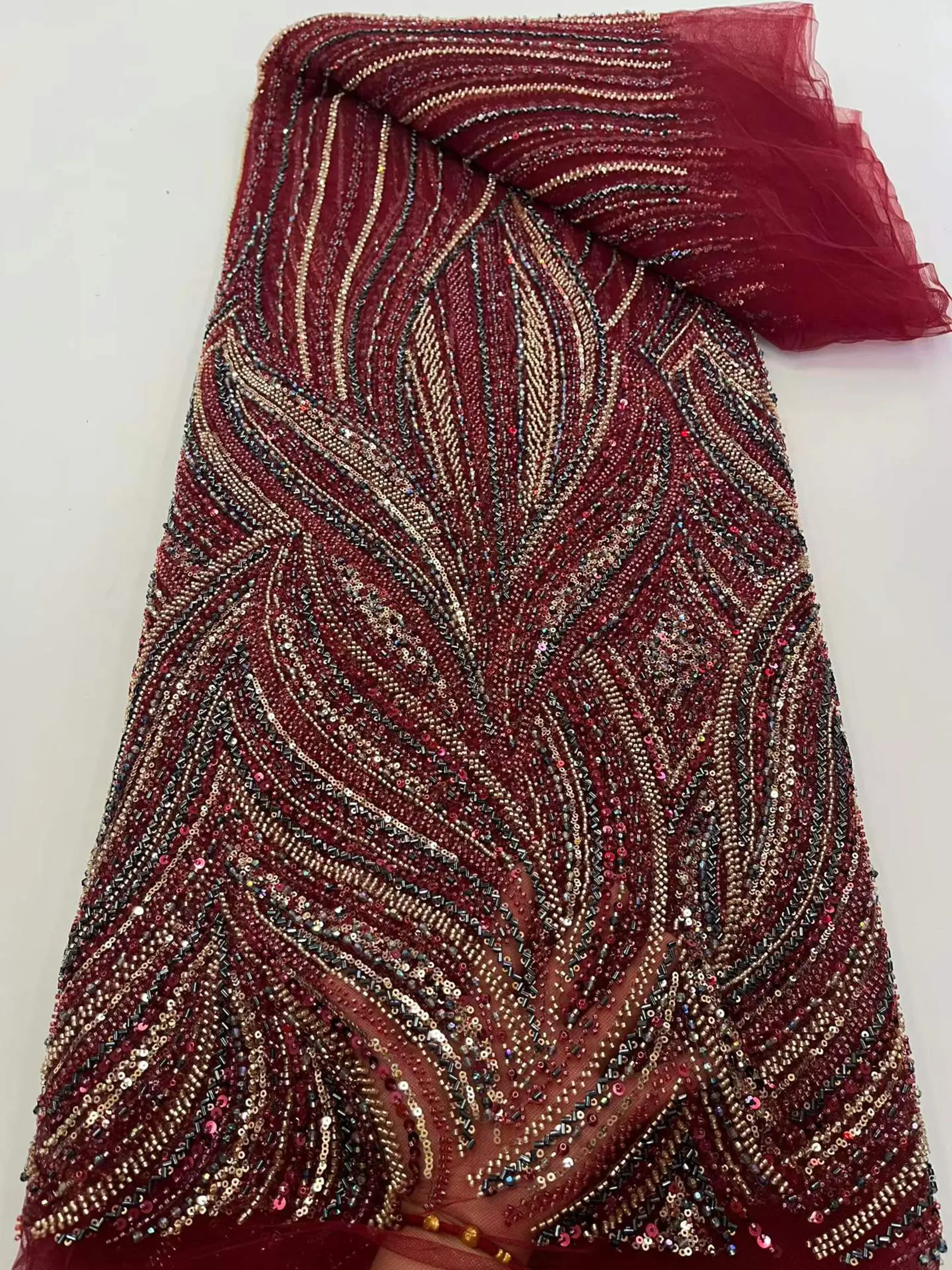 5 Yards afrikanischer Perlen-Spitzenstoff 2026 Hochwertiger französischer Pailletten-Tüll-Spitzenstoff für nigerianischen Brautstil – Detail 9