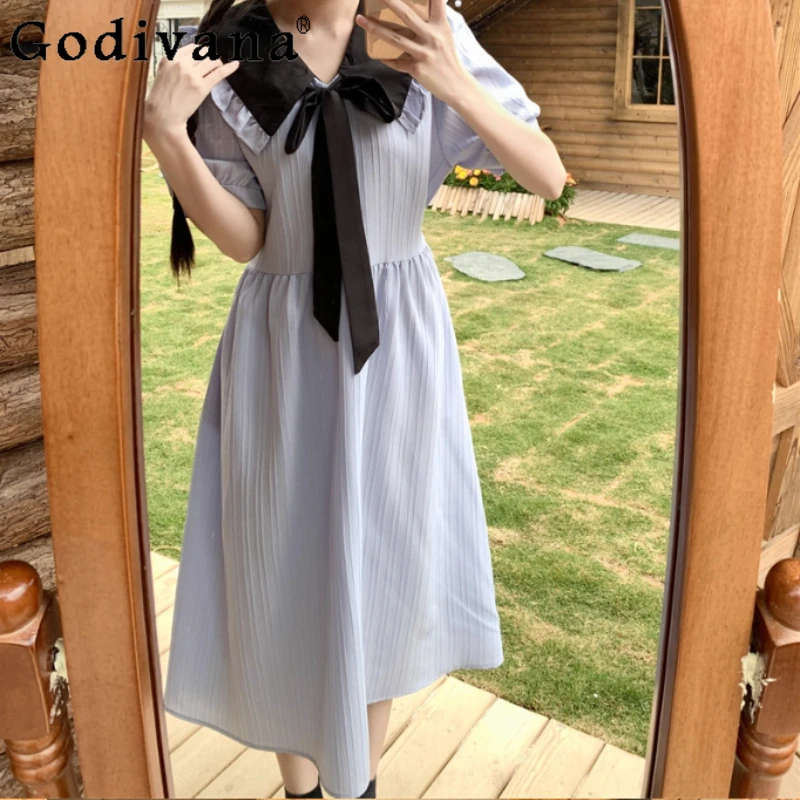 

Summer New Plus Size Age Reduction College Lace Peter Pan Collar Bow Dress Fashion Women High Waist A-line Short Sleeve Dresses