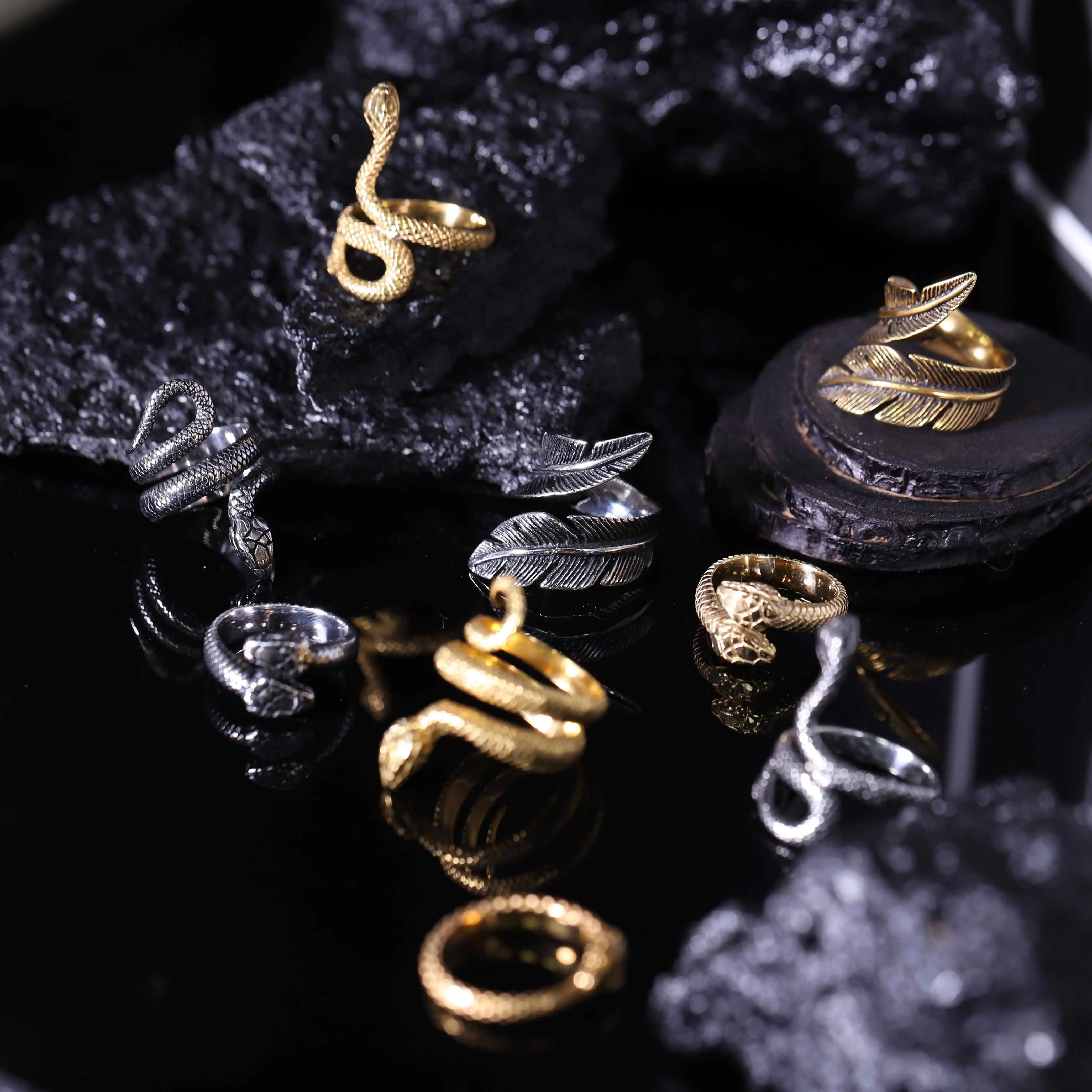 WDM Gothic Vintage Stainless Steel Snake Ring Black Silver 14k Gold Feather Steampunk Viking Adjustable Open Rings