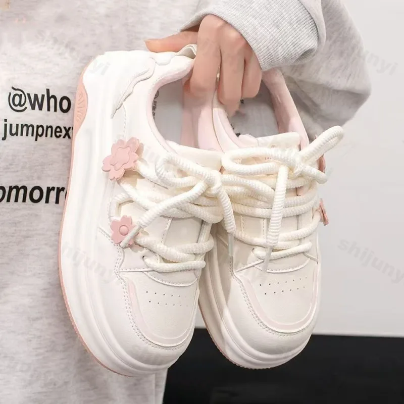 Women Height Increasie Casual Shoes 2025 Autumn New Fashion Cute Flower Platform Flats Comfortable Cross Tied Non Slip Sneakers