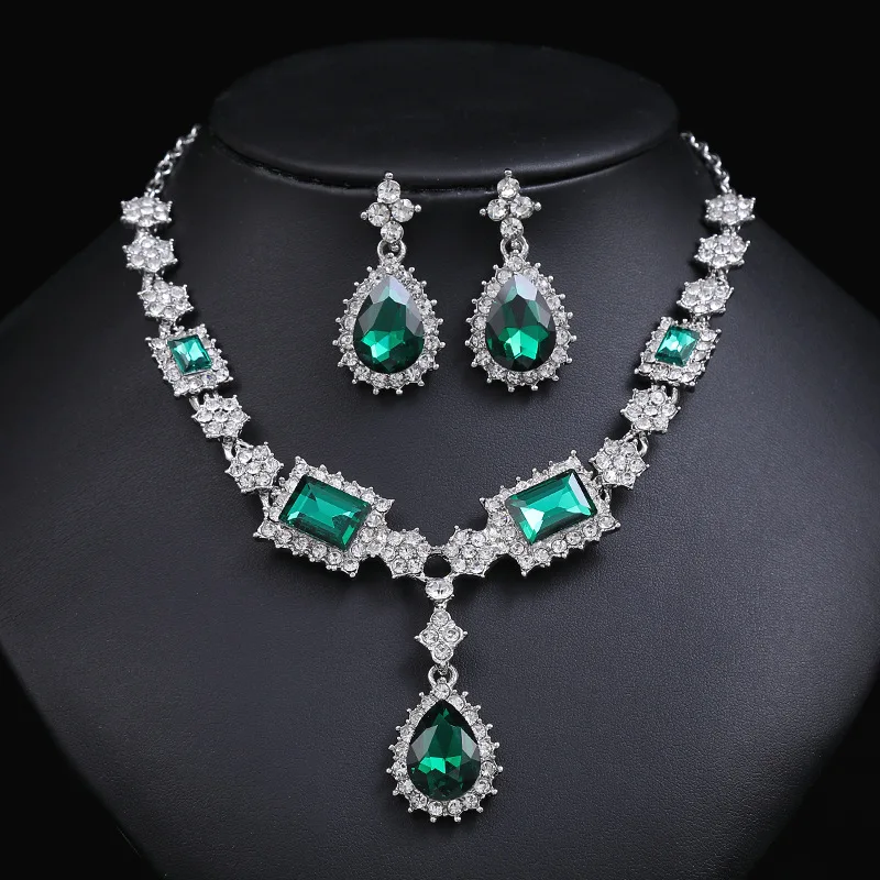 

Bridal Jewelry Set Silver Color Red Green Blue Crystal Rhinestone Drop Earrings and Luxury Wedding Necklace for Women Gift