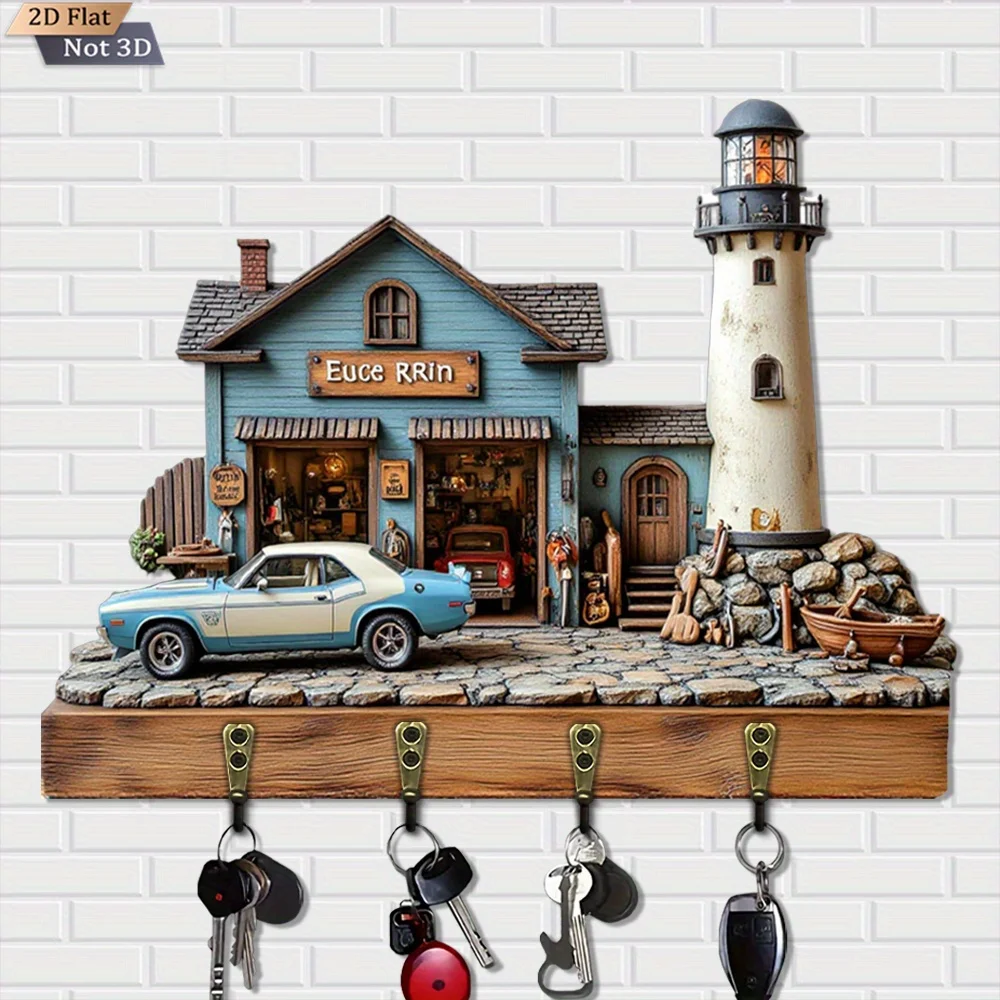 2D Flat, 1pc, Lighthouse Garage Vintage Key Hook Wooden Multi-Function Home Key Hanger with Four Metal Hooks, Suitable for Wall