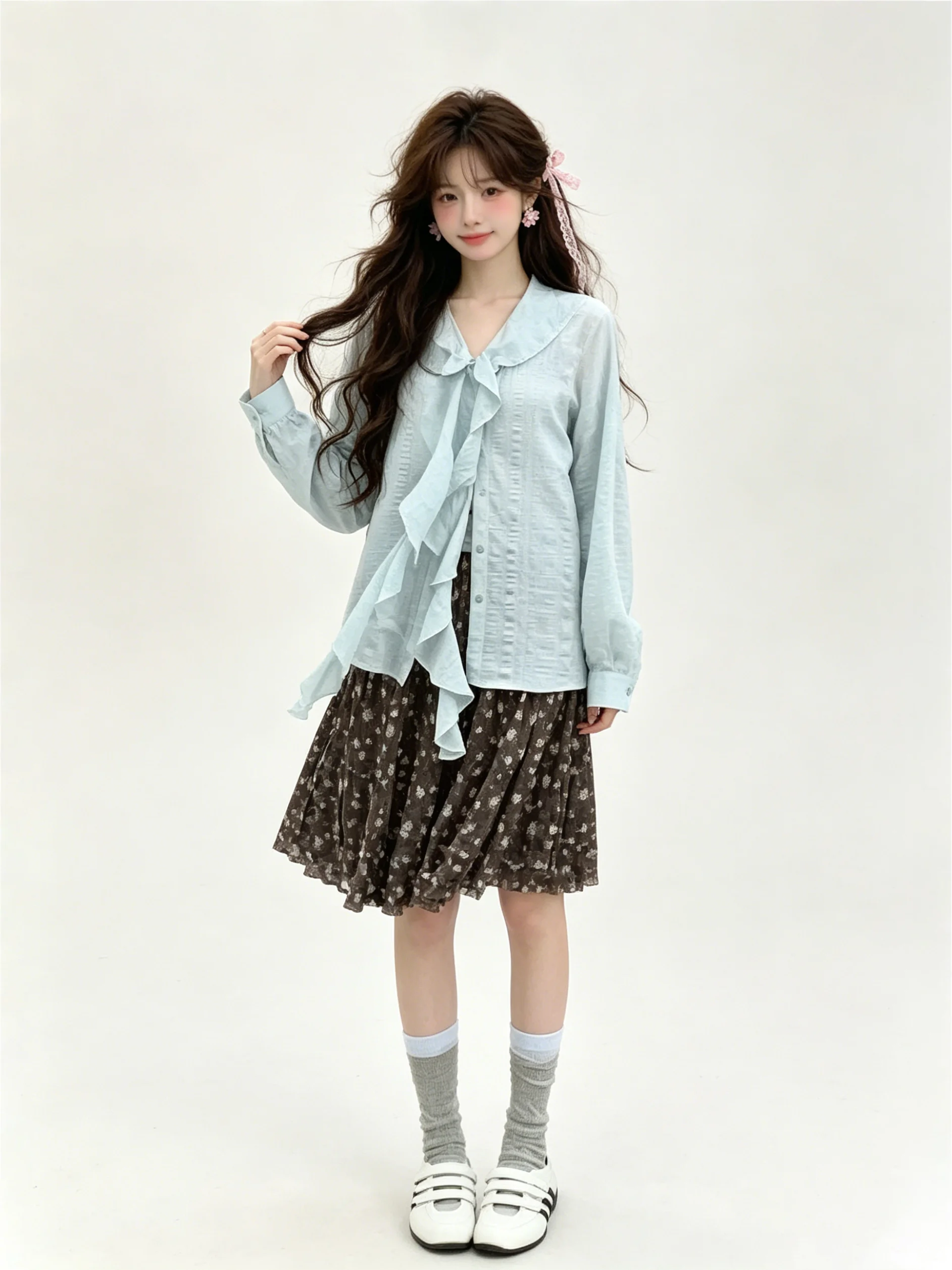 Retro Floral Print Half-length Skirt And Shirt Set Women's Summer Fashion Long Sleeve Sash Texture Sun Protection Outfit