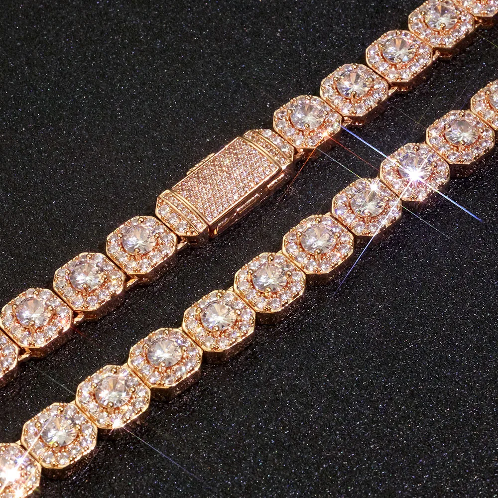 Collar de cadena de tenis de racimo cuadrado de oro rosa, joyería de roca de moda de cobre de circonia de Hip-Hop, estilo Unisex
