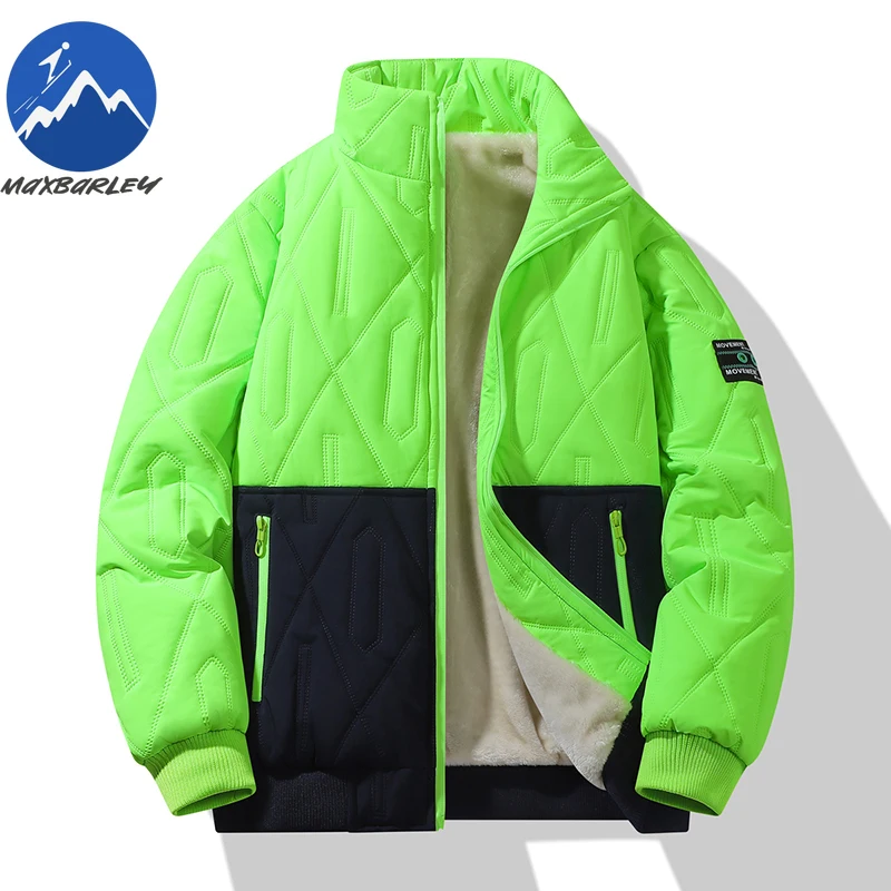 Maxbarley Winter Plush Padding Jacket Men Trendy Splicing Thick Thermal Padded Jacket Casual Outdoor Ski Windproof Fleece Parka
