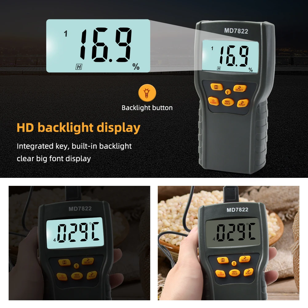 Imagem -06 - Digital Lcd Grain Moisture Meter Umidade Tester Termohigrômetro Ferramenta de Teste de Umidade para Trigo Paddy Milho Arroz Termômetro