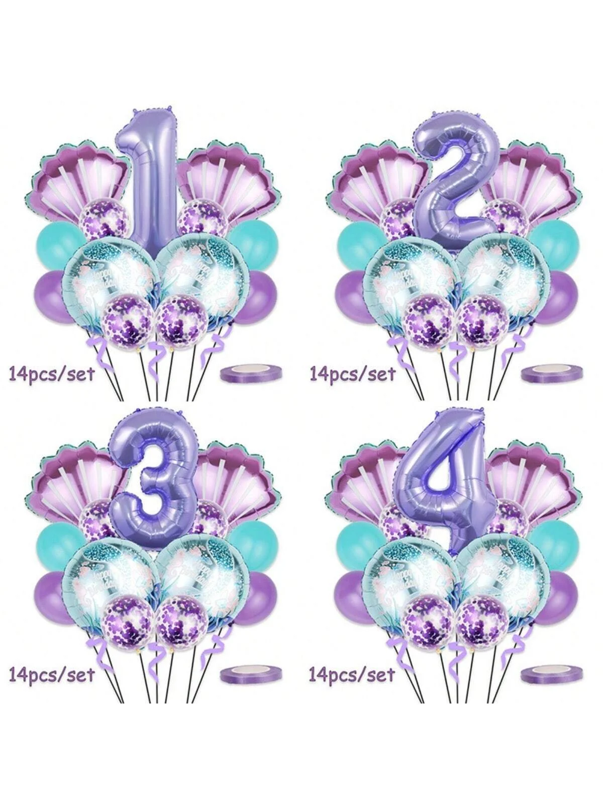 14pcs Mermaid Balloon Set Cartoon 32 Inch Purple Digital Shell Birthday Party ，Wedding Anniversary Decoration