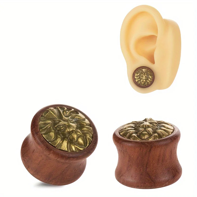 1 Pair Wood Ear Plugs Gauges Earrings Lion Head Women Men Double Flare Flesh Tunnel Expander Stretcher Body Piercing Jewelry
