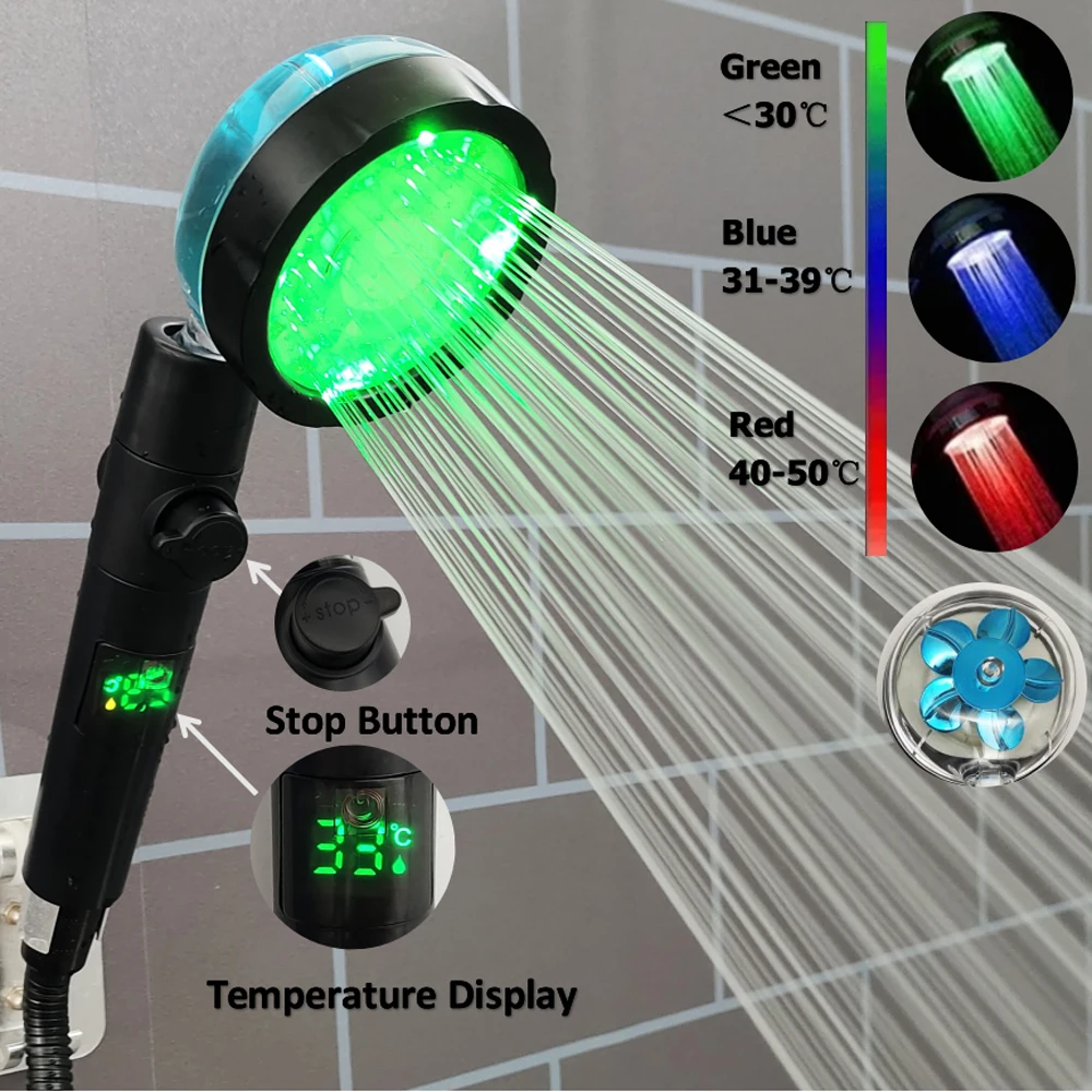 Digital Temperature Display High Pressure Shower Head 3/7 Colors Changes Temperature Sensor LED Fan Showerhead With Stop Button