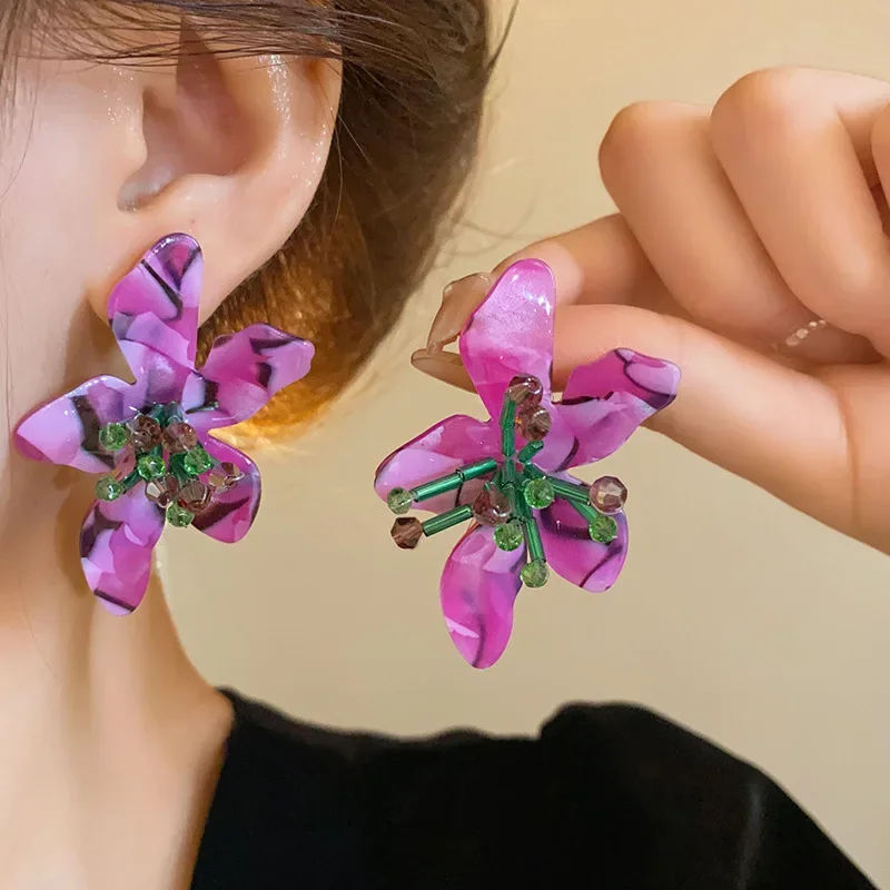 Acrylic Flower Stud Earrings for Women Purple Orange Floral Earrings Spring Summer Beach Party Jewelry Gift