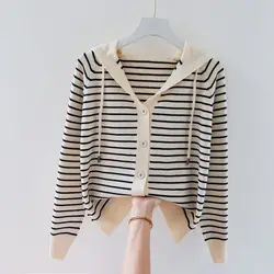 2023 Autumn/Winter New Hooded Knit Cardigan Sweatshirt Western Loose Striped Hooded Top