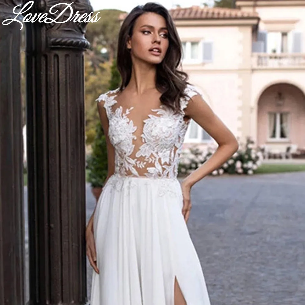 LoveDress-Vestido de novia con cuello redondo, traje de novia Sexy con apliques de encaje, ilusión de línea A, botón de gasa, tren de barrido