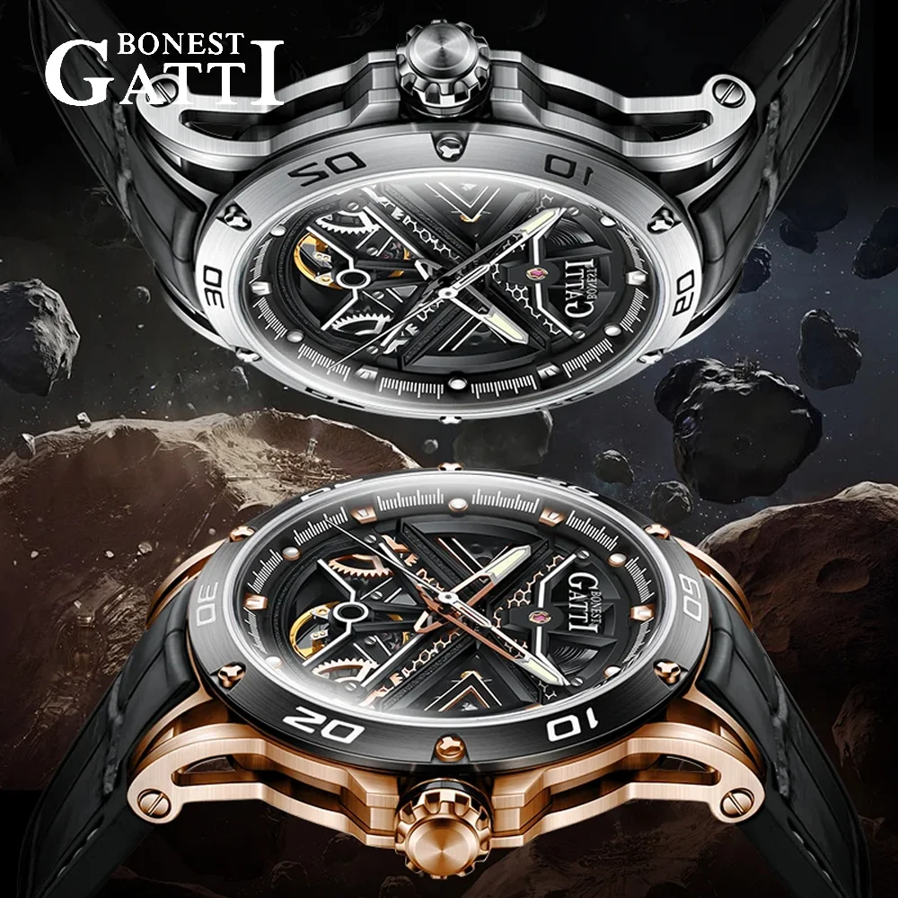 

BONEST GATTI Men Automatic Luxury Tourbillon Watch Vintage Mechanical 5ATM Skeleton Sapphire Luminous Leather Strap German Craft