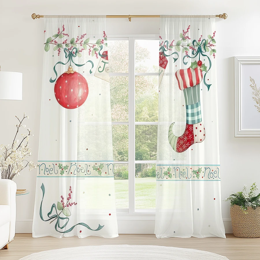 2PCS Christmas Sheer Curtains, Stocking Ornament Candy, Digital Print, Bedroom Living Room, Rod Pocket Polyester, Home Decor