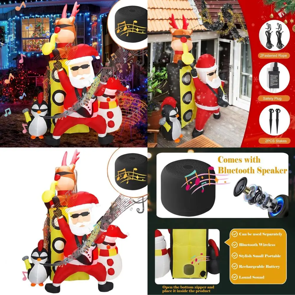 

7-Foot Tall Animated Christmas Santa with Reindeer, Penguin & Snowman Holding a Concert, LED Light-Up Inflatable Decor