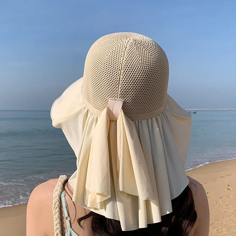 Cappello da sole estivo da donna con protezione UV Cappello da pescatore a tesa larga con scialle maschera Perfetto per la protezione solare da spiaggia all'aperto