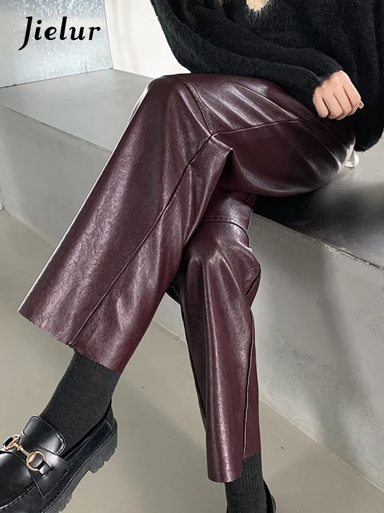 Imagem -06 - Jielur-calça Monocromática de Cintura Alta Feminina Calça Casual Fina Preta Escritório Reta Botão Chique Zíper Moda Feminina