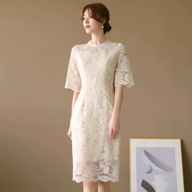 

Dress Female 2023 Dress Lace Dress Summer Light Mature O Neck Half Sleeve Celebrity Temperament Mid length Wrap Hip Dress Female