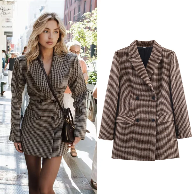 

Women's Coat 2025 Winter New Brown Houndstooth Mid-Length Double-Breasted Blazer Casual Fashion Commuter Style