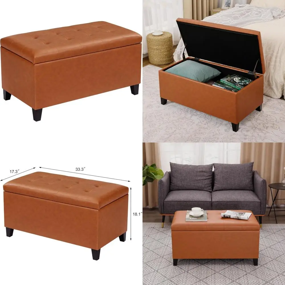 

Faux Leather Storage Ottoman Bench, Upholstered End of Bed with Wooden Legs, Ideal for Entryway and Bedroom Use