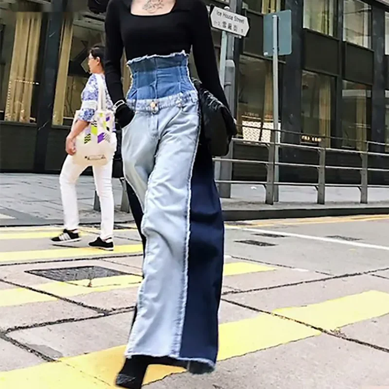 

2024 Spring New Fashionable Casual Style, Straight And Versatile Spliced Wide Legged Pants Hanging Feeling, high waist jeans