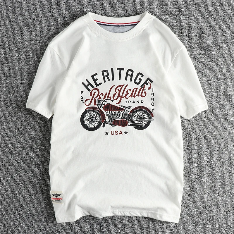 Vintage cotton short sleeve T-shirt Men\'s Motorcycle Print Summer May Khaki Youth half sleeve tee