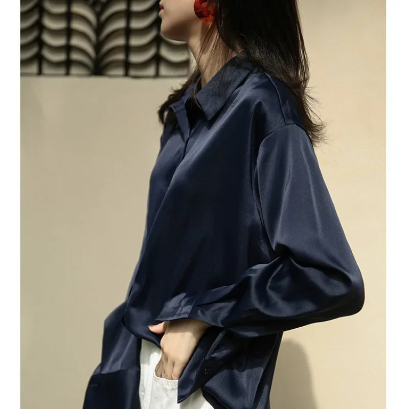 

Autumn Fashion Button Up Satin Silk Shirt Vintage Blouse Women Lady Vintage Long Sleeves Female Y2k Loose Office Street Shirts