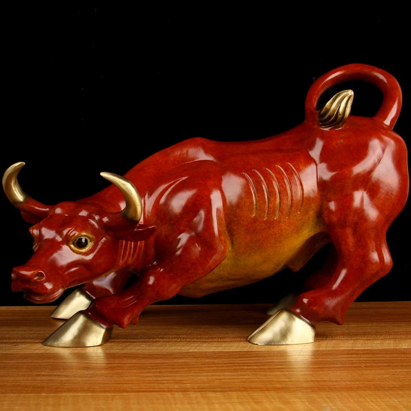 Southeast Asia high grade brass RED GOOD LUCK Wall Street Bull finance stock market cattle mascot HOME company statue