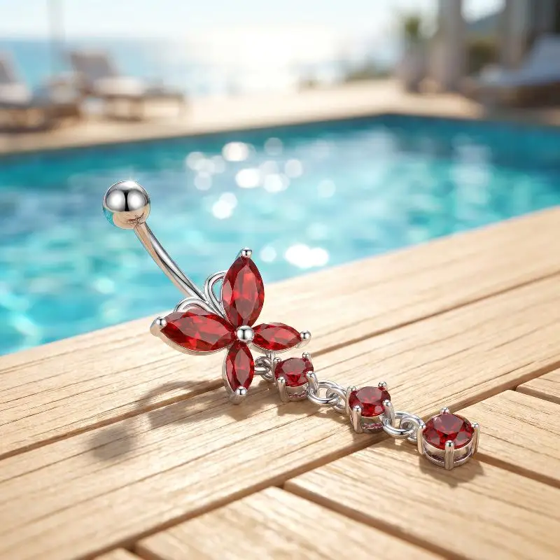1Pcs Belly Button Ring Dangle Navel Piercing Jewelry Cute Red Heart Butterfly Bow Flower Navel Belly Rings Silver Stainless Stee