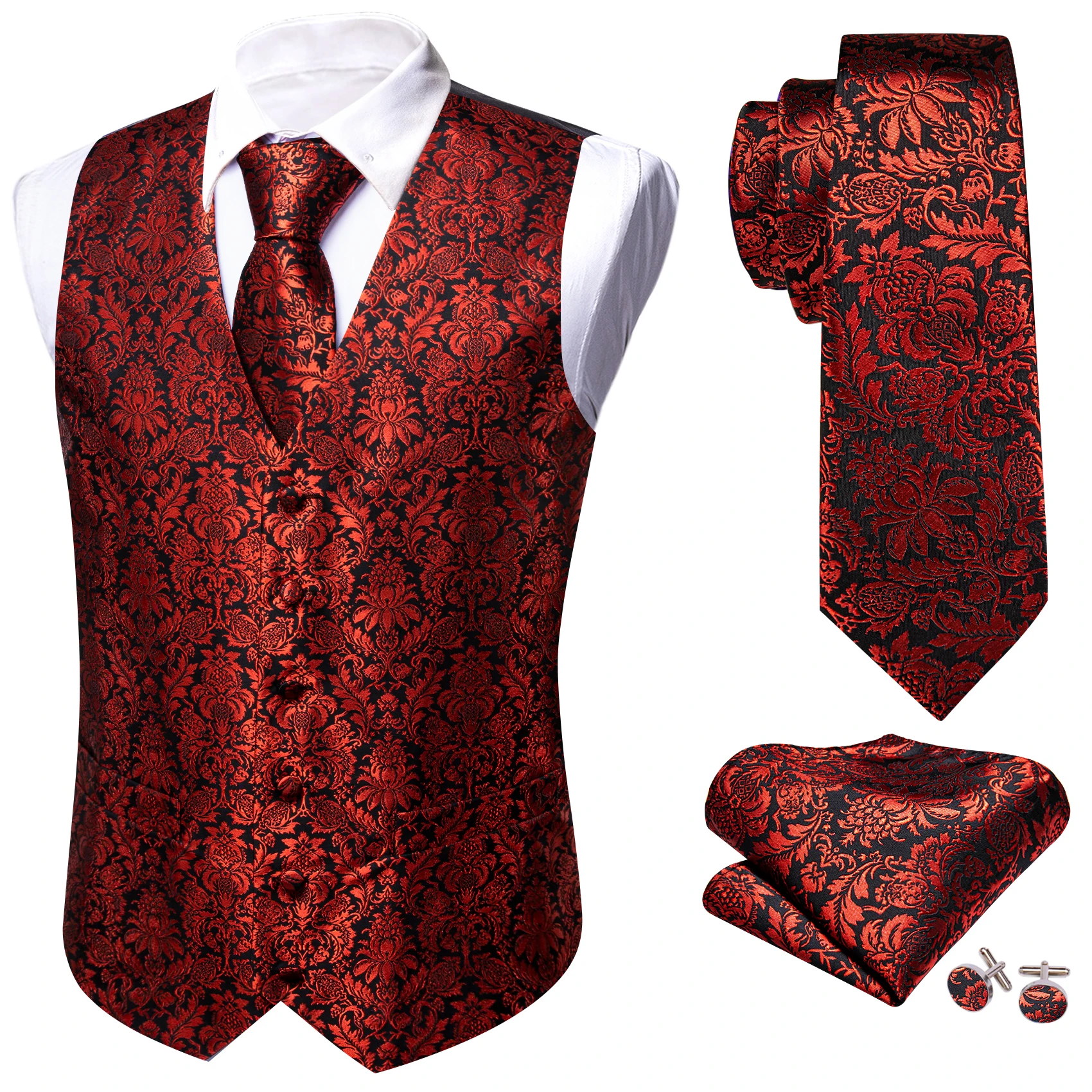 Designer Vest for Men Silk Embroidered Red Black Flower Waistcoat Necktie Set Wedding Formal Suit Sleeveless Jacket Barry Wang