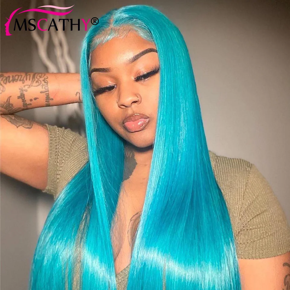 Mint Light Blue Colored Lace Frontal Wigs For Women 13x6 Straight Blue Brazilian Human Hair Wigs 13x4 Transparent Lace Front Wig