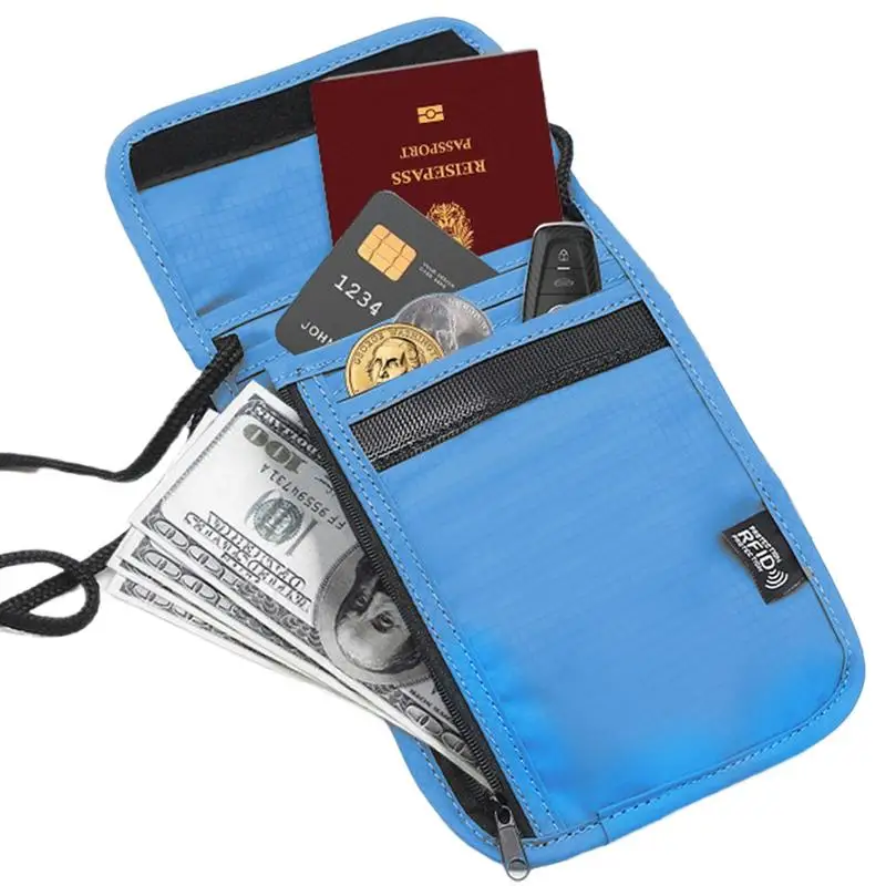 Passport Pouch RFID Blocking Neck Pouch Card Holder Pickpocket Proof Bag With Adjustable Neck Strap For Passport Document Phone