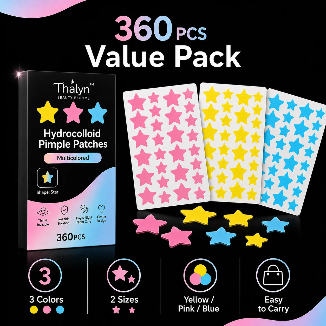 360PCS Colorful Star Pimple Patches Yellow Blue Pink Acne Patch Invisible Makeup Skin Cover Sticker Cute Beauty Patch