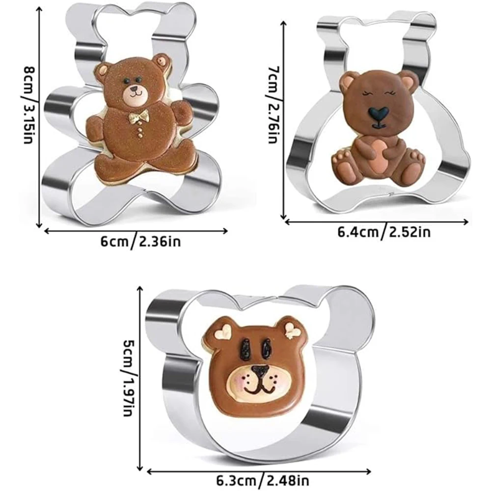 3Pcs Bear Cookie Cutter Set Stainless Steel Embosser Mold DIY Fondant Biscuit Mould Cake Chocolate Decorating Baking Tools