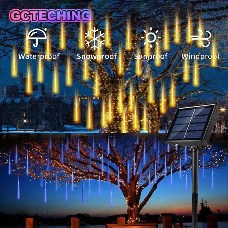 30cm/50cm led luzes solares à prova dwaterproof água chuva de meteoros chuva 8 tubo led luzes da corda para férias ao ar livre decoração natal árvore