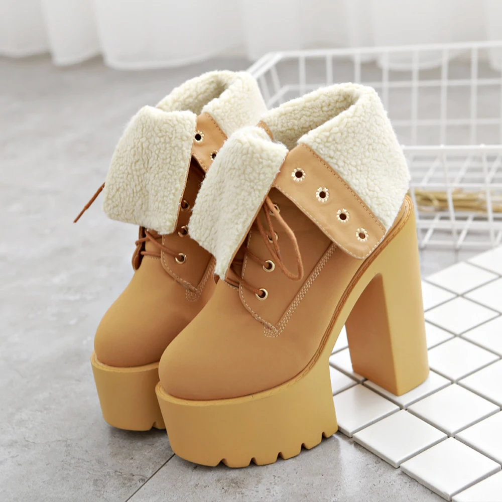 Gdgydh Women Mid Calf Platform Boots with Block Heel Korean Style Lace Up Winter Dress Boots Warm Fur Ultra High Heels T-Stage