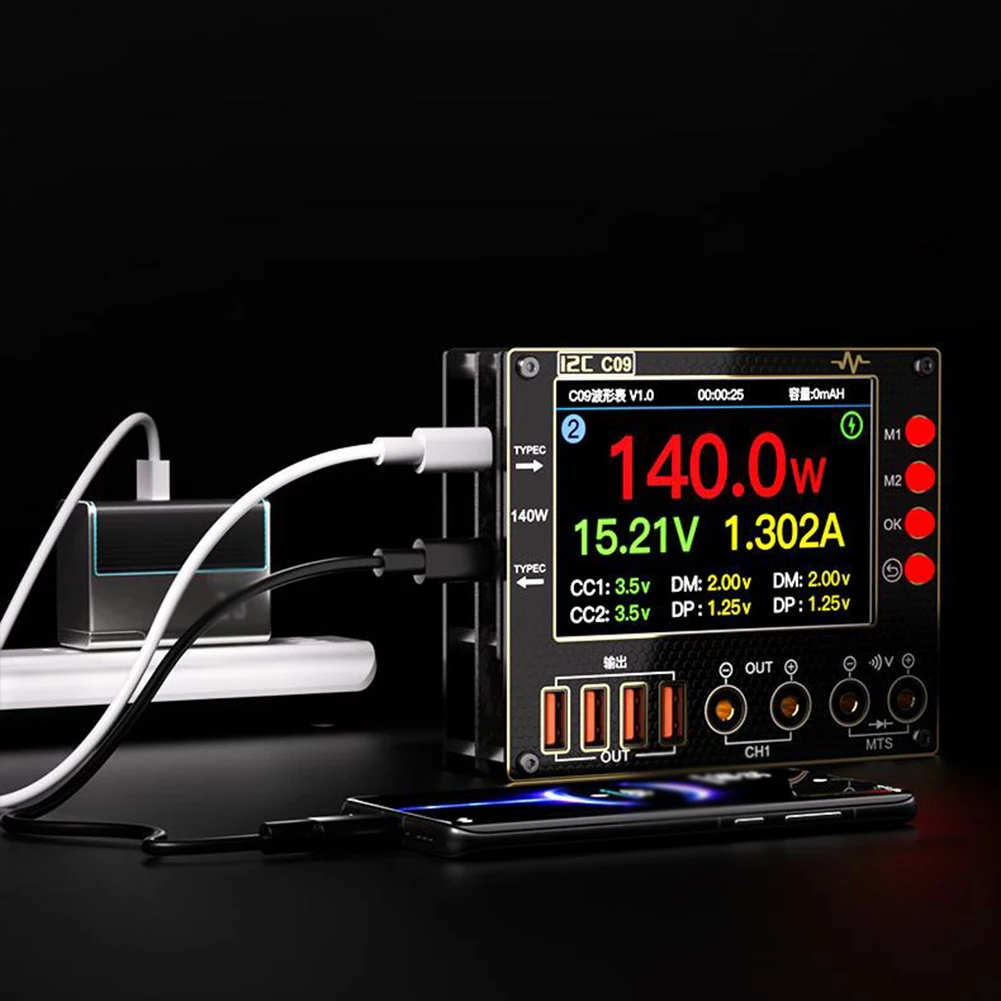 Amperímetro de forma de onda C09 I2C, probador de corriente y voltaje de doble canal de entrada de 0-40V para accesorio de herramienta de medición de prueba