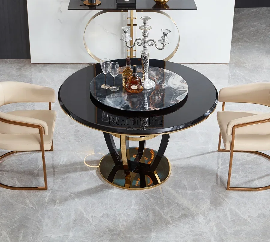 

z.Light Luxury round Dining Table Modern Simple Home Ebony Bright Paint with Turntable Dining Table