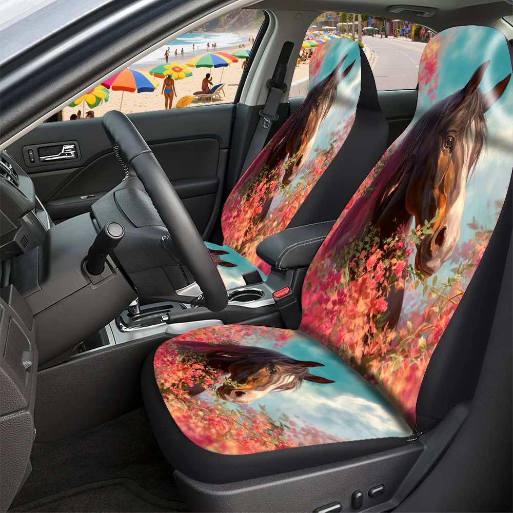 2-5 Seat Set Car Seat Covers, Majestic Horse Print With Floral Accents, Premium Polyester, Universal Fit For Truck SUV Off-Road