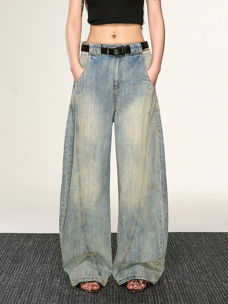 

Aaisup Американские синие джинсы с талией, женские весенне-осенние узкие прямые брюки с широкими штанинами, длинные брюки, повседневные джинсовые брюки с высокой талией