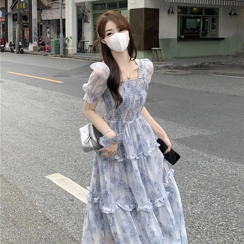 

2024 New Printing Oversized Dresses Ladies Fashion Sweet Women's Clothing Summer Temperament Short Sleeve Floral A-line Skirt