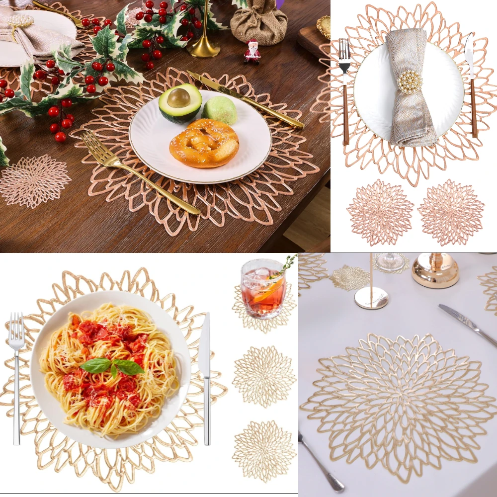 Sets of 4/6 Gold Floral Leaf Hollow Out Placemats&Coasters Vinyl Kitchen Dinning Table Place Mats Wedding Party Washable Decor