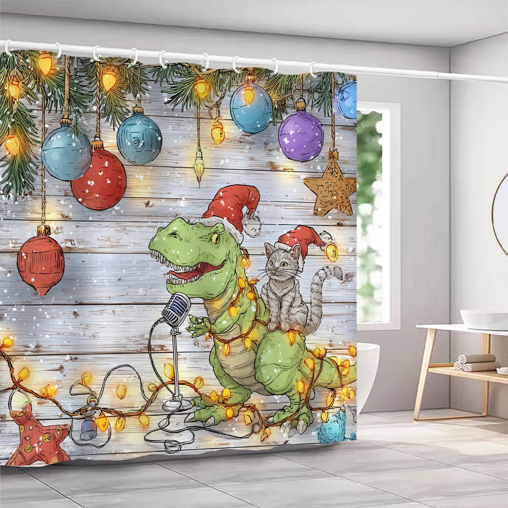 

Merry Christmas Shower Curtain with Hooks Funny and creative cat, dog and dinosaur Christmas home for decoration Curtain