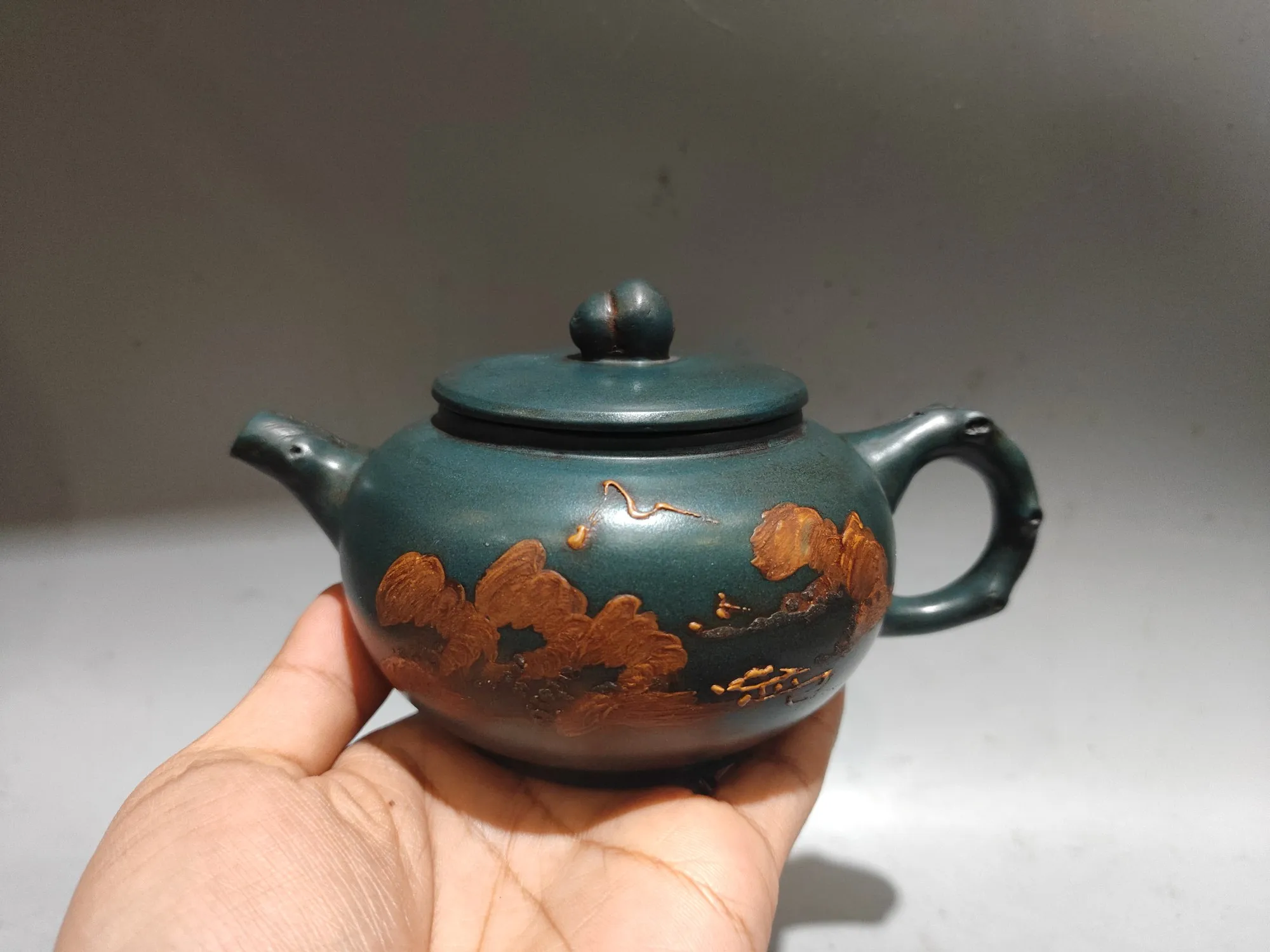 Purple teapot Yixing Purple Clay Teapot Mud painting Pattern of elderly fishing scenery Tree Root Mouth Pot Kettle Teapot