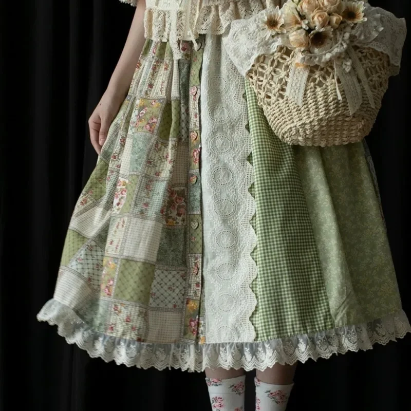 Dresses Y2K Nemo Garden Print Skirt Retro Panel Forest Art Open Front Elastic Patchwork Japan Dopamine Loose Bohemian Dress New