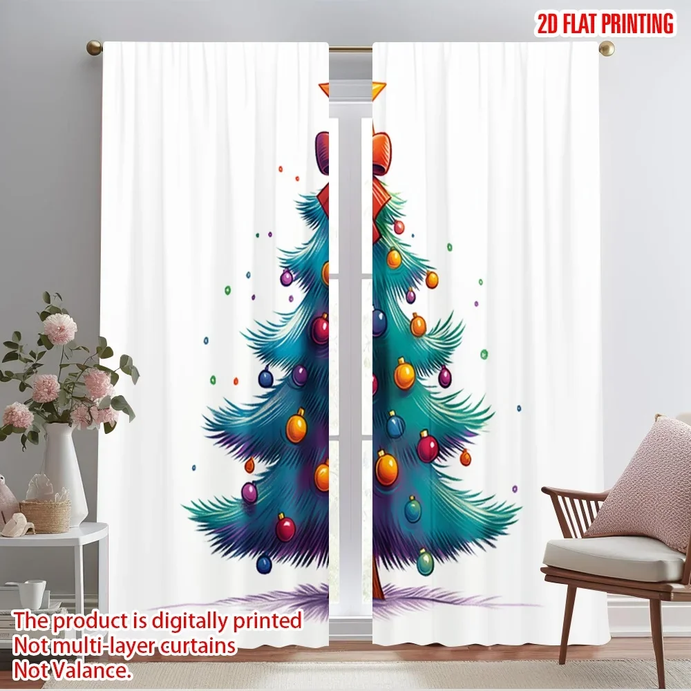 2pcs,2D plane printing Curtains&Window Treatment Festive Blue Christmas Tree Decorations (1) Versatile Polyester Fabric (without