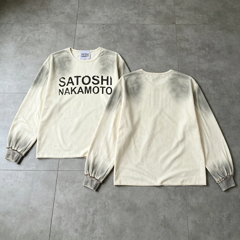 26SS New Satoshi Nakamoto Tops Letter Print Fashion Trend Diamond Studded Bead Studded Men's Women's Long Sleeved T-shirts