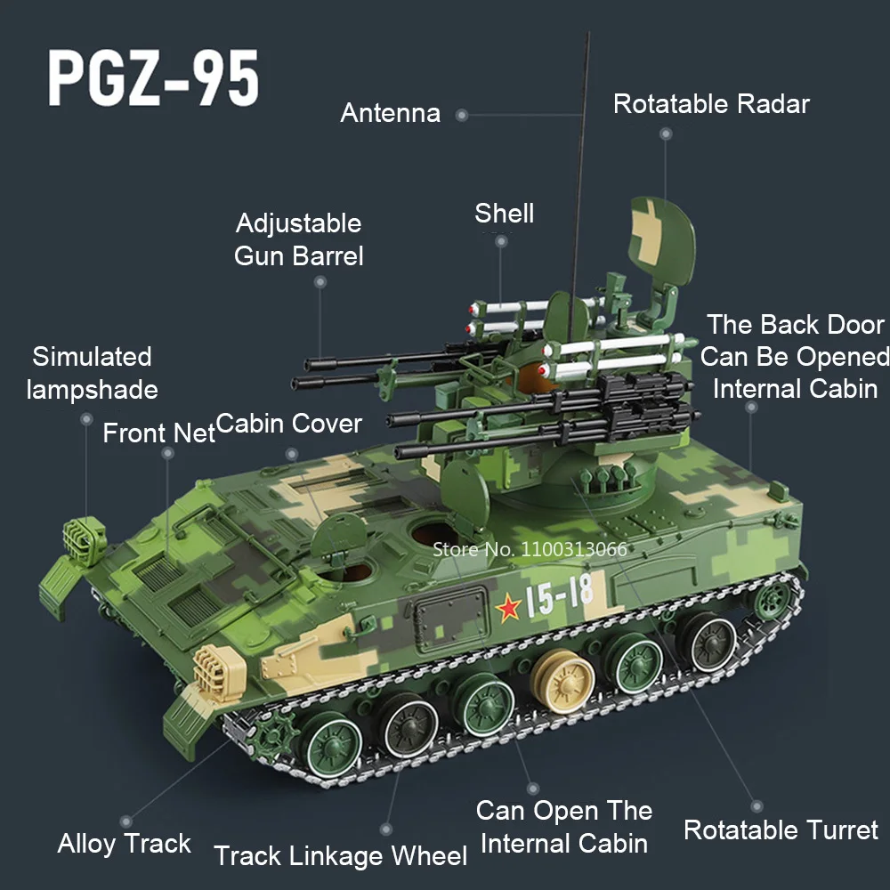1:28 Alloy Diecast PGZ-95 Tanks Cars Toys Models Wheels Rotate Miniature Vehicles Tailgate Can Opened Tank for Child Adult Gifts