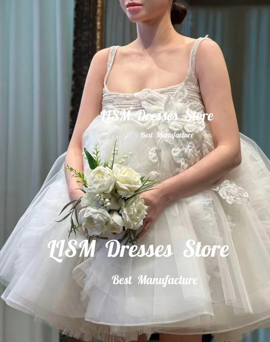Lism Customized Unique Mini Wedding Dress Handmade Flowers Tulle Bride Party Ball Gown Korea Photo shoot Bridal Gowns 2026