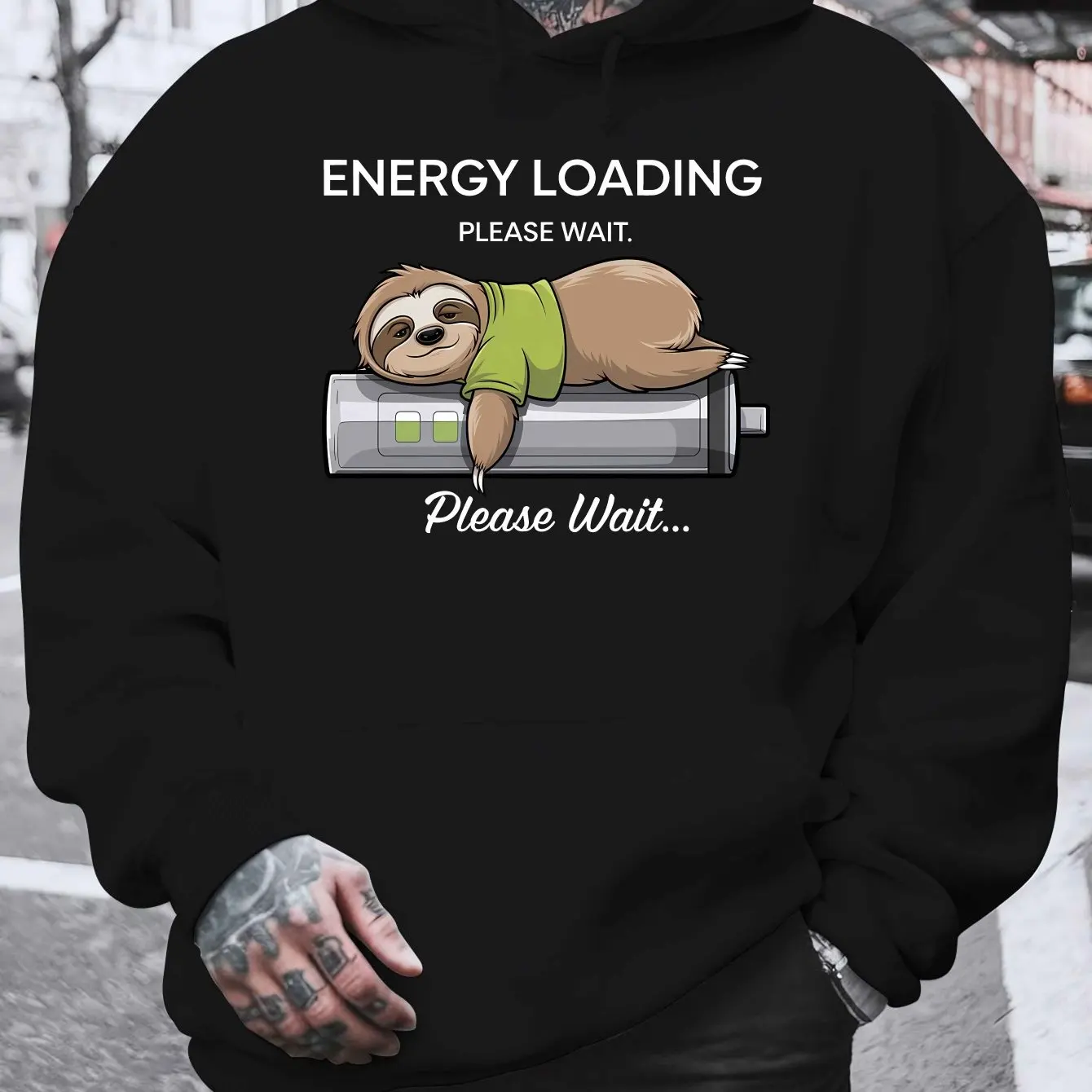 2026 Men Funny Sloth Energy Loading Chest‑Print Pullover Hoodie Autumn Winter Casual Kangaroo Pocket Sweatshirt